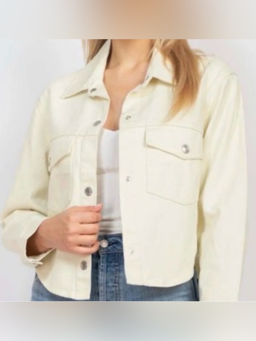 Stoosh | Women’s Cream Denim Cropped Snap Front Dual Breast Pocket Jean Jacket L